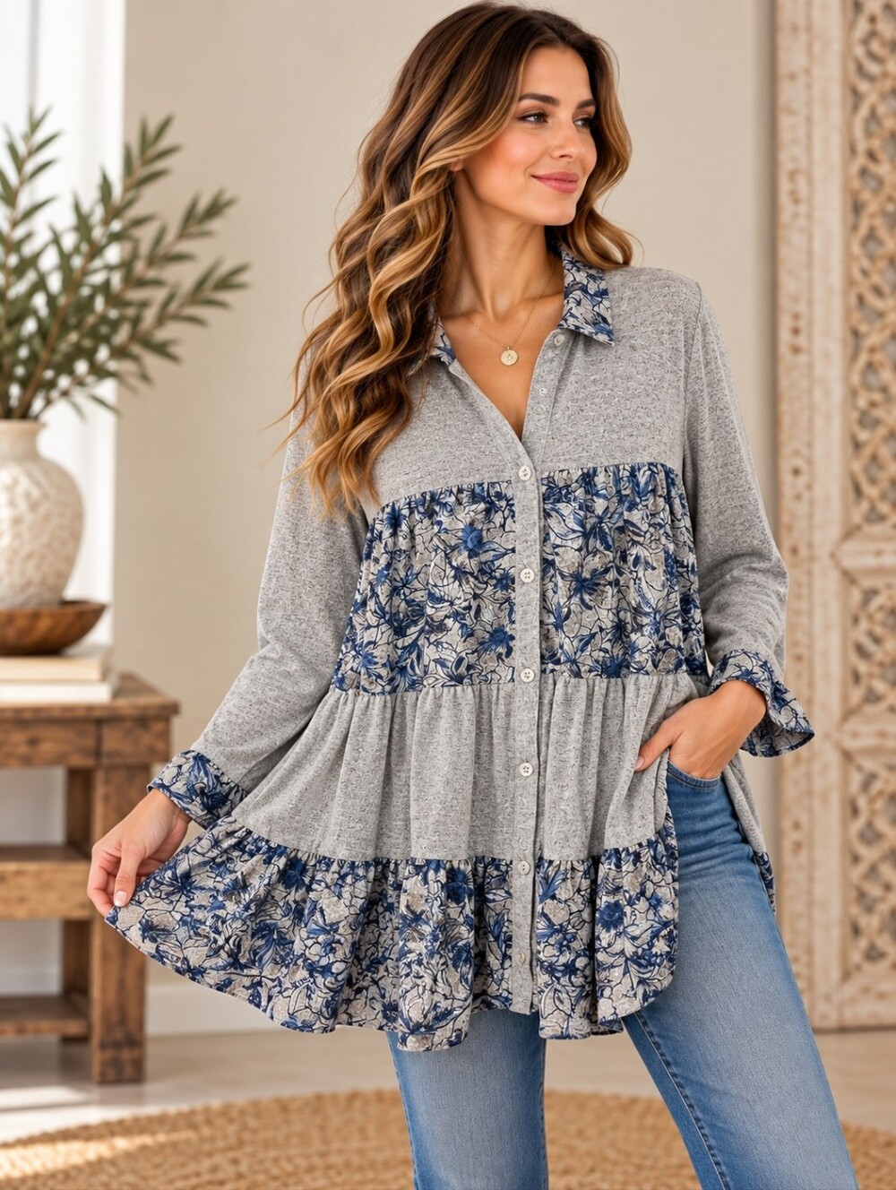 598.Bohemian Grey & Blue Floral Button-Up Tiered Tunic